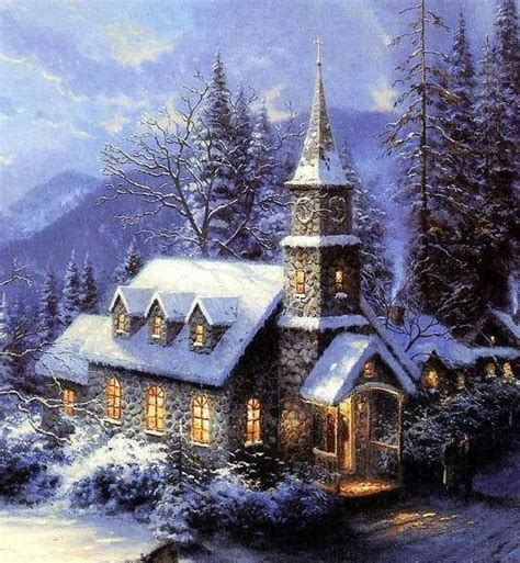 Beautiful Church Winter Scene Thomas Kinkade Paintings