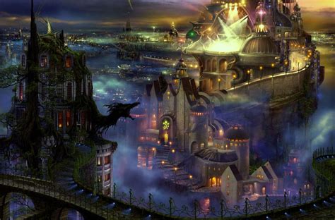 Fantasy Art Cities Night Lights Buildings Architecture Fog Mist Castles