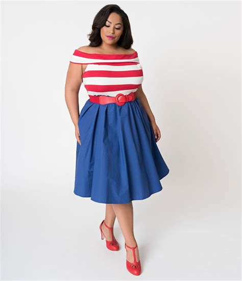 Plus Size Red And White Stripe Off Shoulder And Blue Nautical Swing Dress Red White Blue Dress