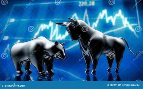 Silver Bull And Bear With Stock Market Graphics Stock Illustration