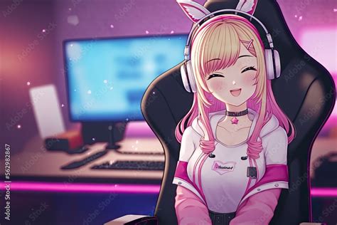 Cute Anime Girl Gamer Streamer Happy Generative Ai Stock Illustration