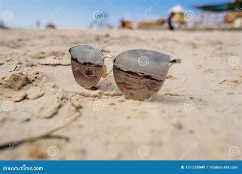 Sunglasses Reflection On Sea Sand Beach Holiday Vacation Stock Image