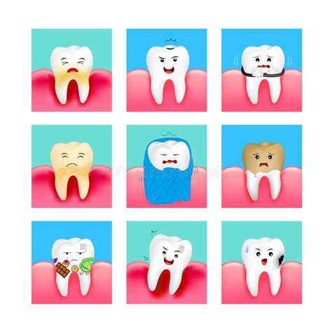 Set Of Cute Cartoon Tooth Emoticons With Different Facial Expressions