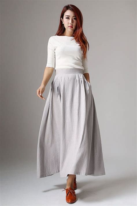 Linen Skirt Grey Skirt Maxi Skirt Pleated Skirt Womens Skirts
