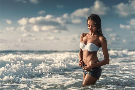 Wallpaper Women Model Sea Brunette Sky Beach Jean Shorts Wet Hair Wet Body Bikini Top