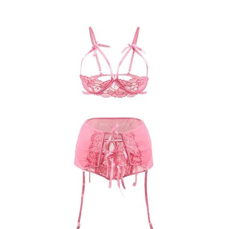 Sexy Clothes For Women Porn Open Bra Erotic Lingerie Set With Garterbelt Black Pink Garter