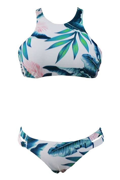 Tropical Leaf Print High Neck Bikini Bathing Suit Green Cj Xwr T Q