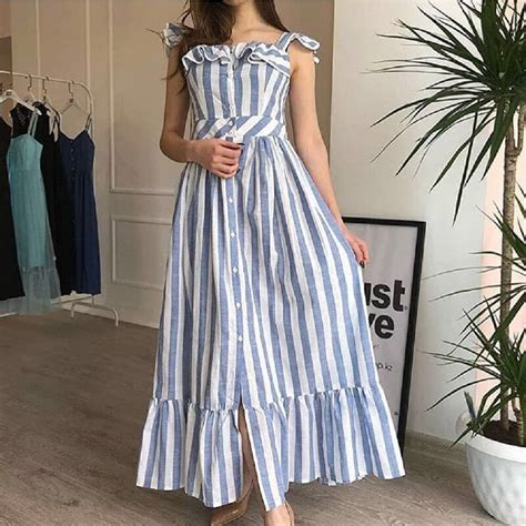 Spaghetti Strap Casual Dress Ruffle Summer Sleeveless Stripe Dress Blue Dress Maxi Long Vestidos
