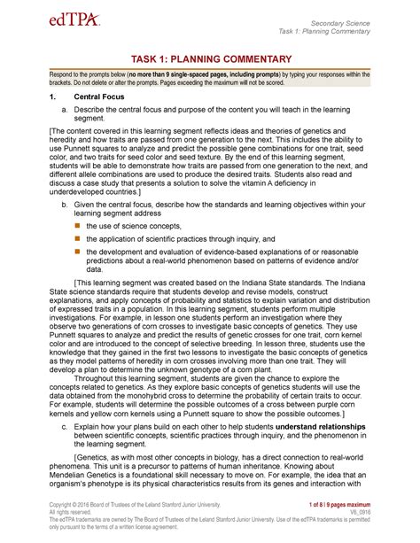 Ed Tpa Lesson Plan 1 Covering Monohybrid Crosses Task 1 Planning