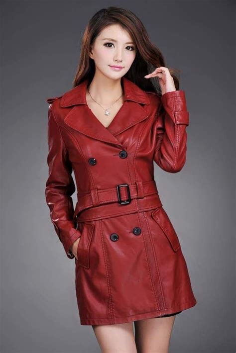 Ladies Faux Synthetic Long Leather Trench Coat Leather Trench Coat