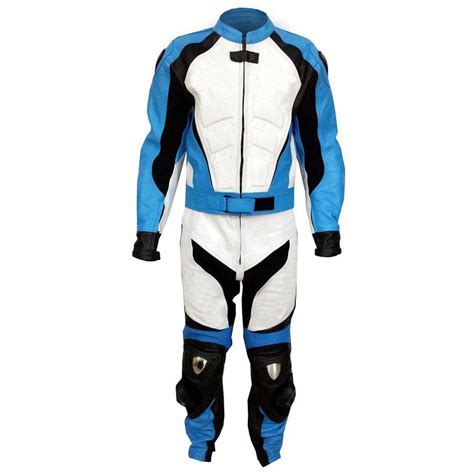 Custom Motorcycle Race Suit 2 Piece Leather Black White Blue White