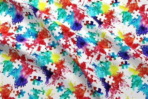 Puzzle Fabric Autism Awareness Watercolor Splatter By