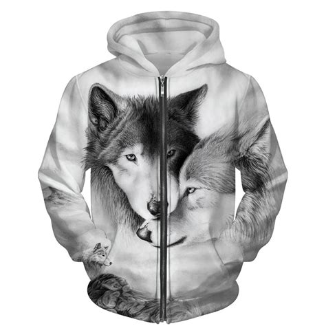 Cheap Cool Wolf 3d Printed Zip Up Hoodies Unisex Hooded Jacket Hip Hop