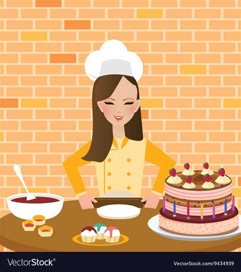 Girls Woman Chef Cooking Baking Cake In Kitchen Vector Image