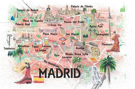 Madrid Spain Illustrated Travel Map With Roads Landmarks And Etsy Retro Poster Vintage