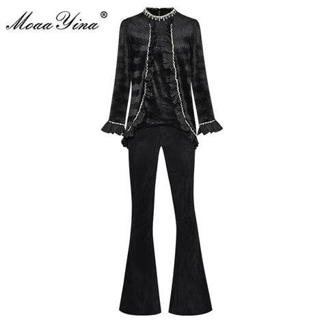moaayina fashion designer spring black pants suit women stand collar beading long sleeve top