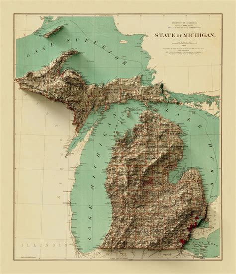 Michigan Map Michigan Relief Map Vintage Map Of Michigan Michigan Print