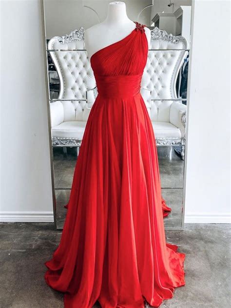 One Shoulder Backless Red Chiffon Long Prom Dresses One Shoulder Red