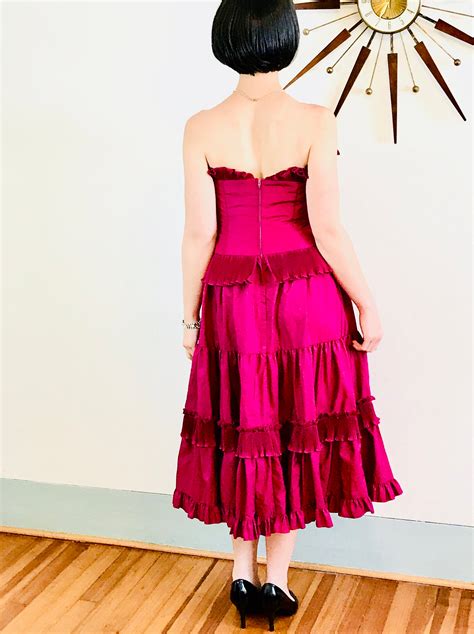 pink taffeta dress 80s prom dress full circle skirt strapless ruffle dress fuschia satin