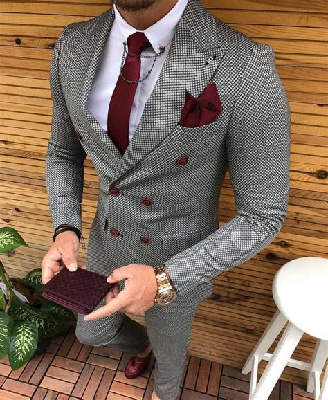 Grey Colored Suit With Red Tie And Pocket Square Image Suit With Red