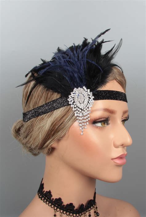 1920s Headband Black Blue Feather Bridal Gatsby 20s Gangster Flapper