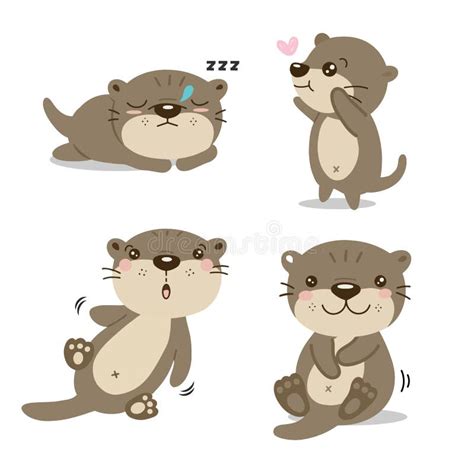 Cute Cartoon Otters In Different Actions Stock Vector Illustration Of