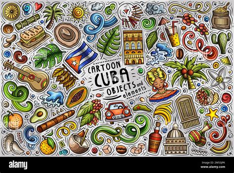 Cartoon Vector Doodle Set Of Cuban Traditional Symbols Items And