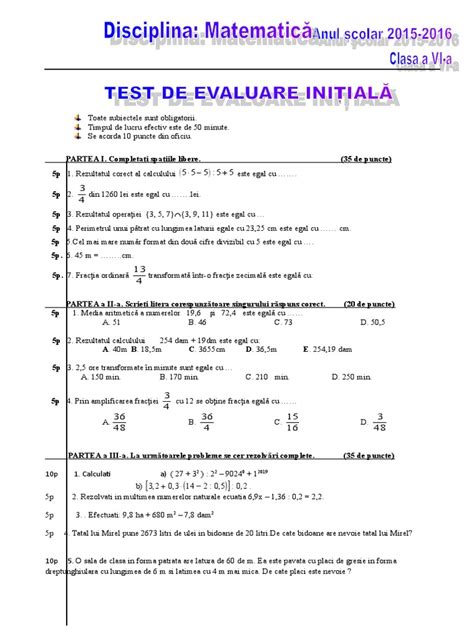 Test Initial Matematica Clasa A Via