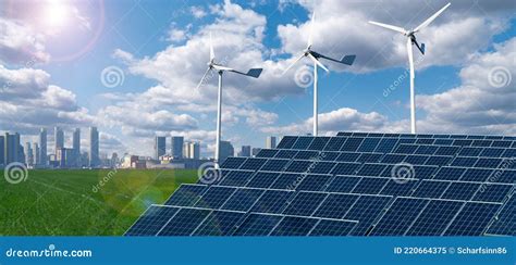 Wind Turbines And Solar Panels Stock Image Image Of Blue Cell 220664375