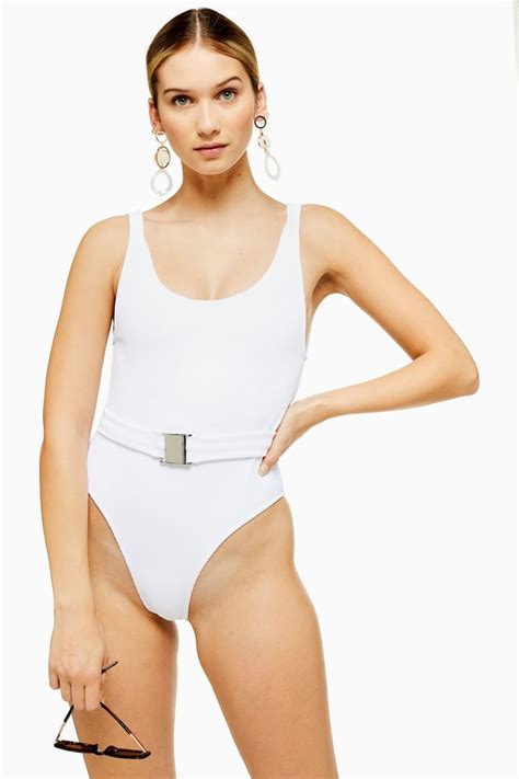 Topshop White Crinkle Belted Swimsuit Rosie Huntington Whiteley S Nude One Piece Swimsuit