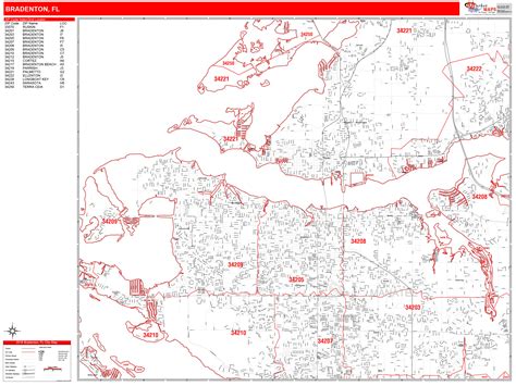 Bradenton Florida Zip Code Wall Map Red Line Style By Marketmaps