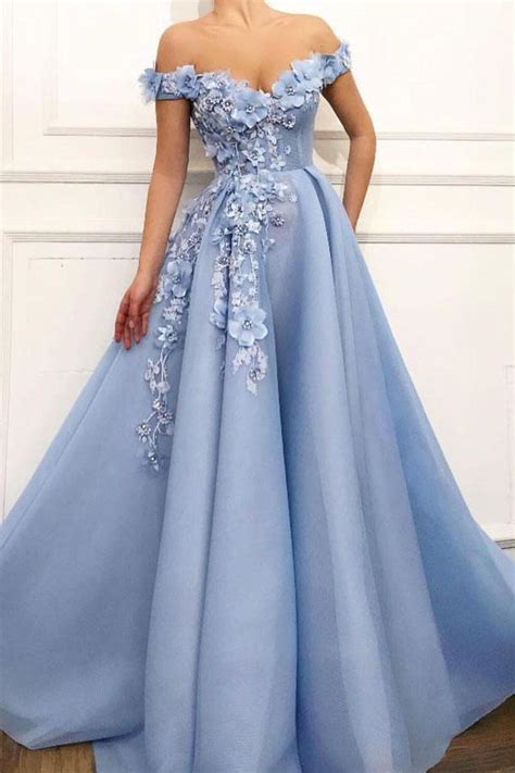 Off the shoulder long sleeve wedding dress. Blue Off Shoulder Flower Appliques A-line Long Modest ...
