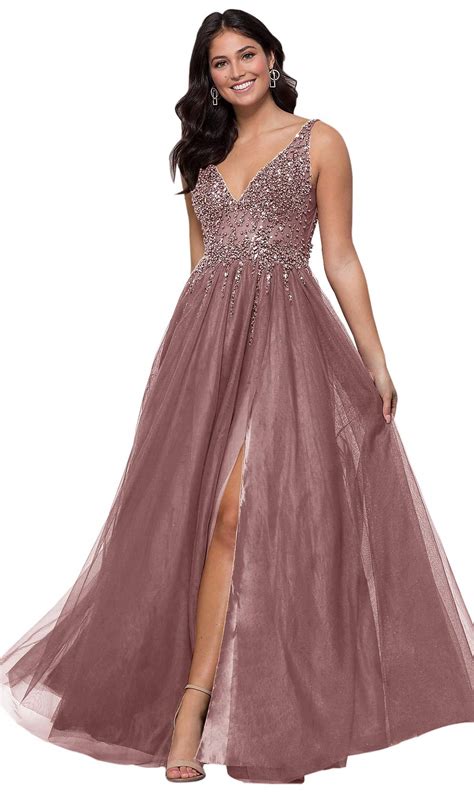 Women S Side Slit V Neck Open Back Beaded Pearl Tulle Prom Dress Long