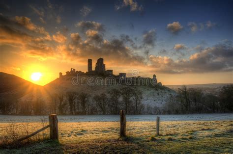 Corfe Castle Winter Sunrise Pre Dawn Colourburst Stock Photo Image