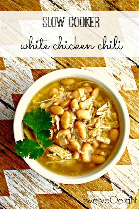 Remove chicken from the slow cooker and shred, using two forks. Slow Cooker White Chicken Chili #slowcooker # ...