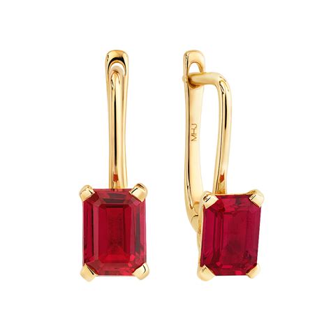 Emerald Cut Drop Earrings With Created Ruby In Ct Yellow Gold