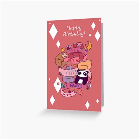 Happy Birthday Cute Sloths Cats And Pandas Greeting Card By