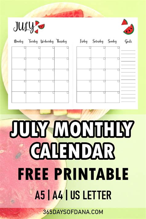 Free July Monthly Calendar Printable Watermelon Slices Calendar