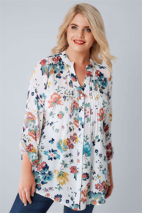 White And Multi Floral Pintuck Longline Blouse With Sequin Detail Plus