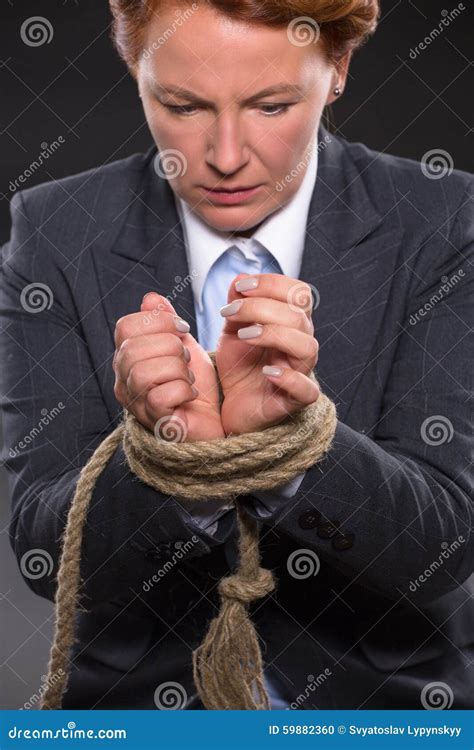 Businesswoman S Hands Tied Up With Rope Stock Photo Image Of Slave