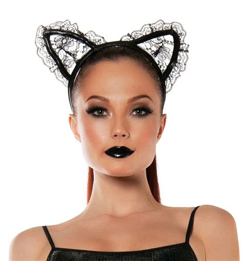 Black Lace Cat Ears With Wet Look Trim On Black Flexible Headband Cat