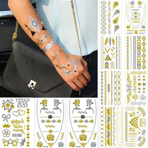 2017 10pc Sheet Temporary Metallic Tattoo Gold Silver Flash Tattoos