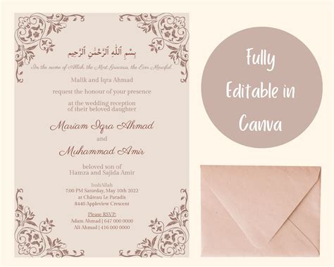 Muslim Wedding Invitation Editable Printable Canva Template Shaadi