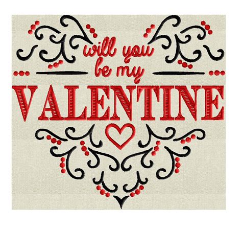 Will You Be My Valentine Quote Scroll Heart Design Embroidery Desig