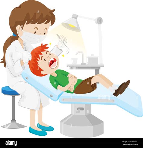 Niño Que Tiene Los Dientes Revisados Por El Dentista Imagen Vector De