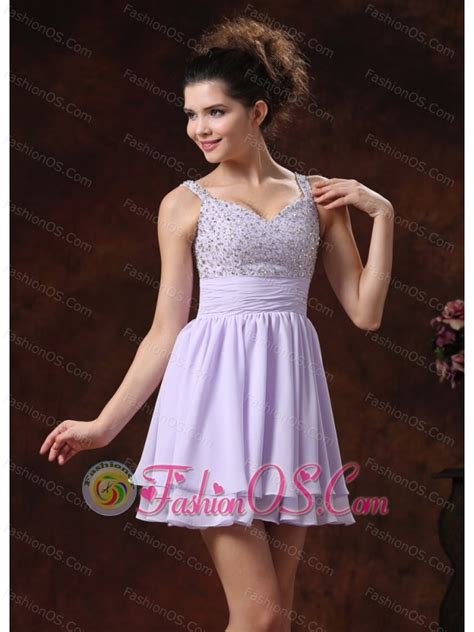 Lilac Straps Beaded Decorate Prom Cocktail Dress With Mini Length 97 98