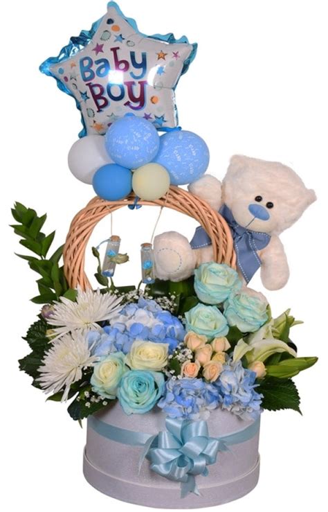 Baby Boy Flowers Balloon And Teddy