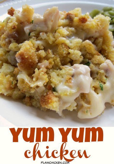 Use cubed leftover cornbread in a layered breakfast casserole. Yum Yum Chicken - creamy chicken casserole topped with ...
