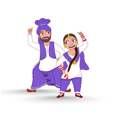 Cheerful Punjabi Couple Performing Bhangra Dance In Traditional Attire Vector Art At