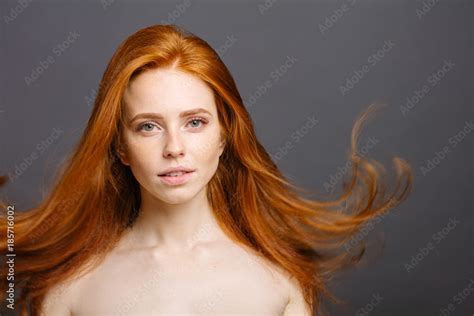 Portrait Of Happy Naked Redhead Woman With Cute Smile Ginger Hair And